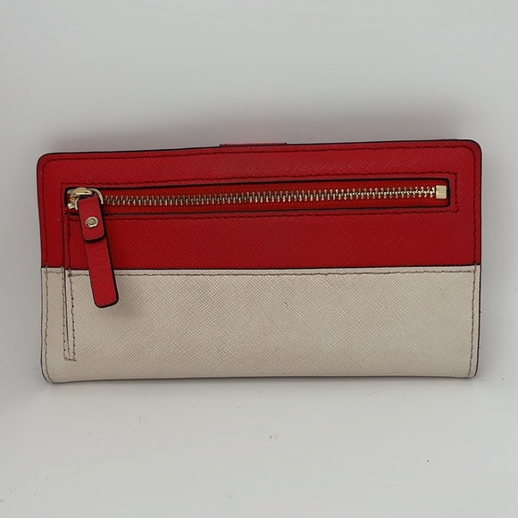 Kate Spade Safiano Leather Slim Clutch Bifold Color Block Wallet Red Cream - Picture 3 of 7